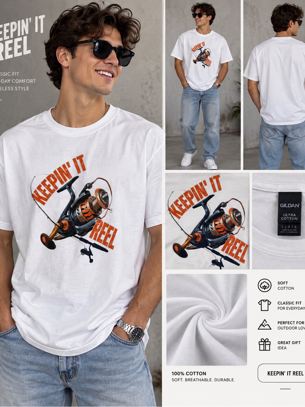 Gildan White Men’s Graphic Tee with Orange and Black Fishing Reel